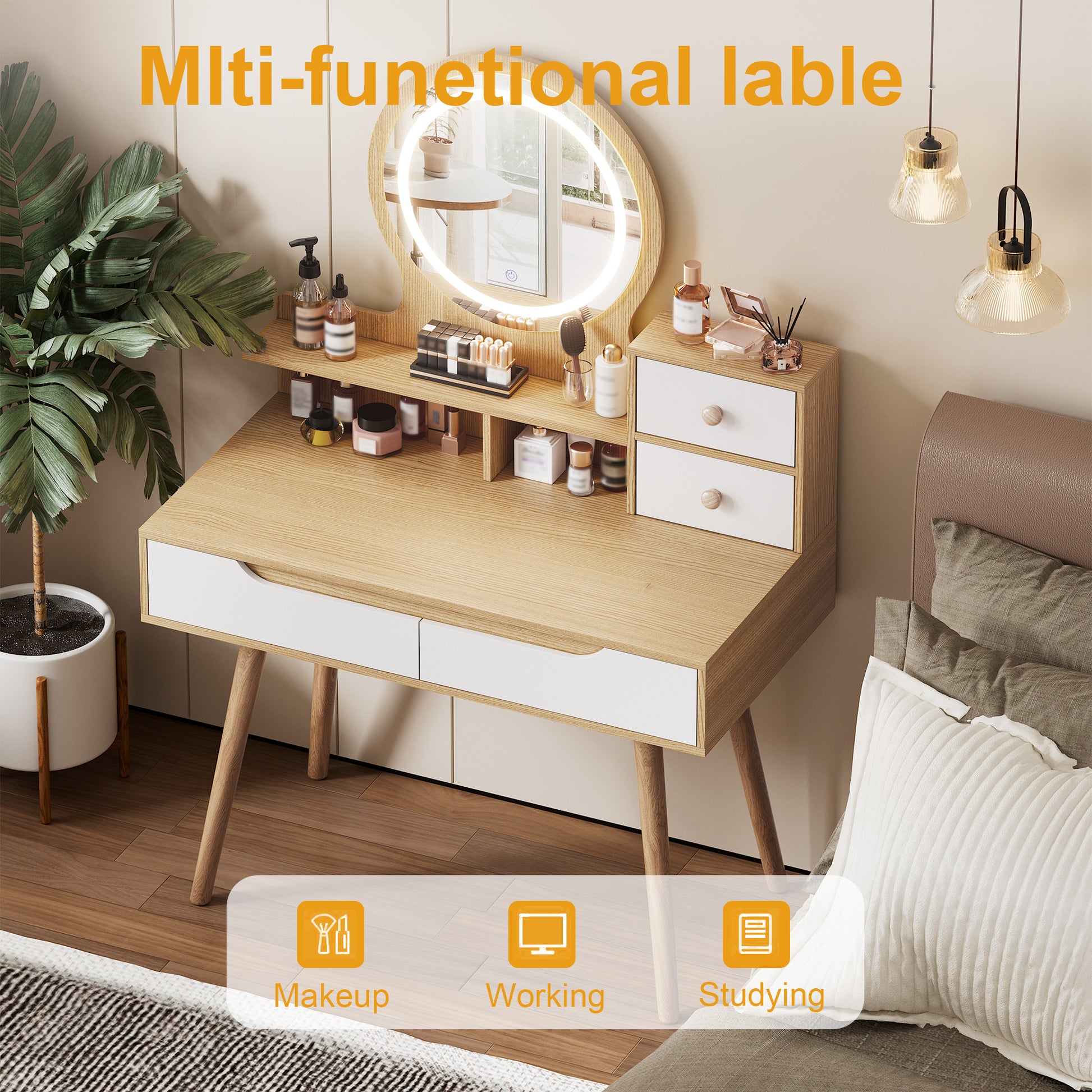 Makeup Vanity Desk with 3 Adjustable Lighted Mirror with solid wood table feet, Dressing Table Set with 4 drawers and 3 open shelves for Small space Bedroom image 7