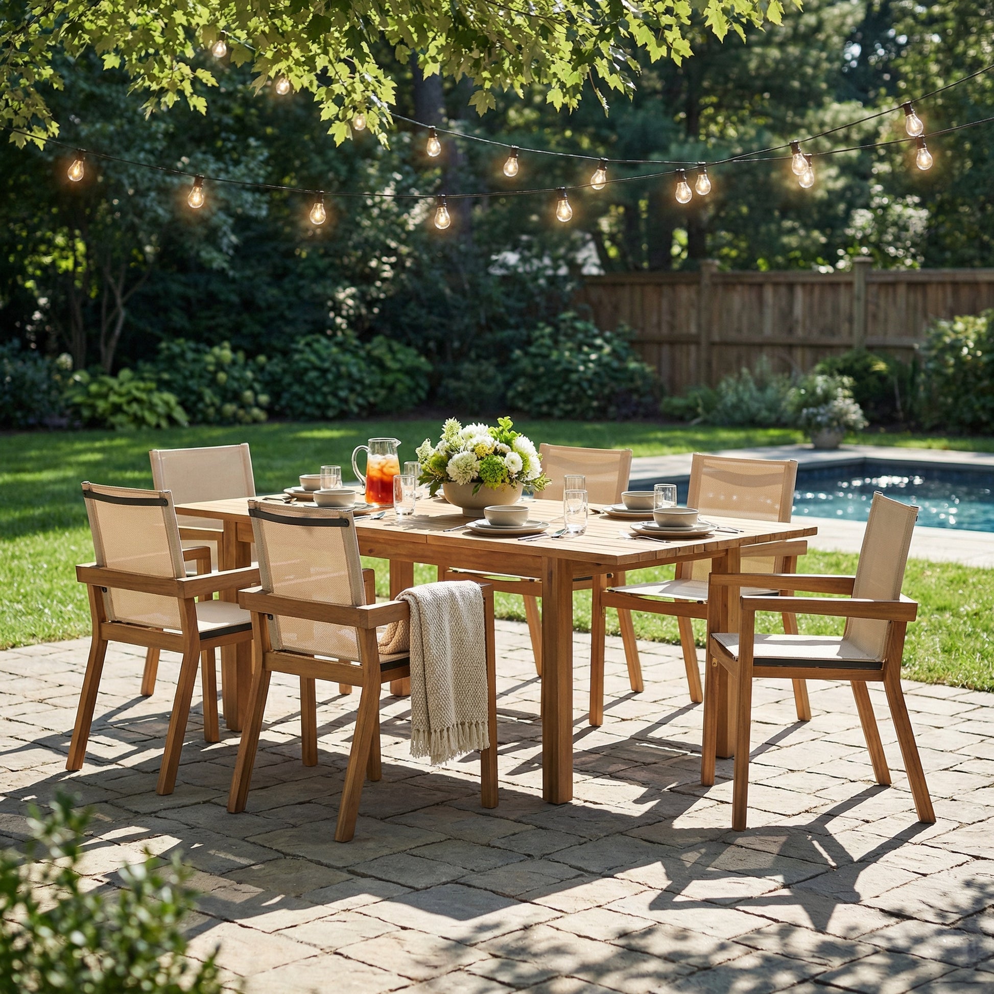 7 Pieces Acacia Wood Outdoor Dining Set s,Modern 6 Chairs 1 Large Table, Dining Furniture Set for Lawn, Backyard, Garden Deck,Poolside,Beige image 2