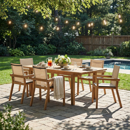 7 Pieces Acacia Wood Outdoor Dining Set s,Modern 6 Chairs 1 Large Table, Dining Furniture Set for Lawn, Backyard, Garden Deck,Poolside,Beige image 2