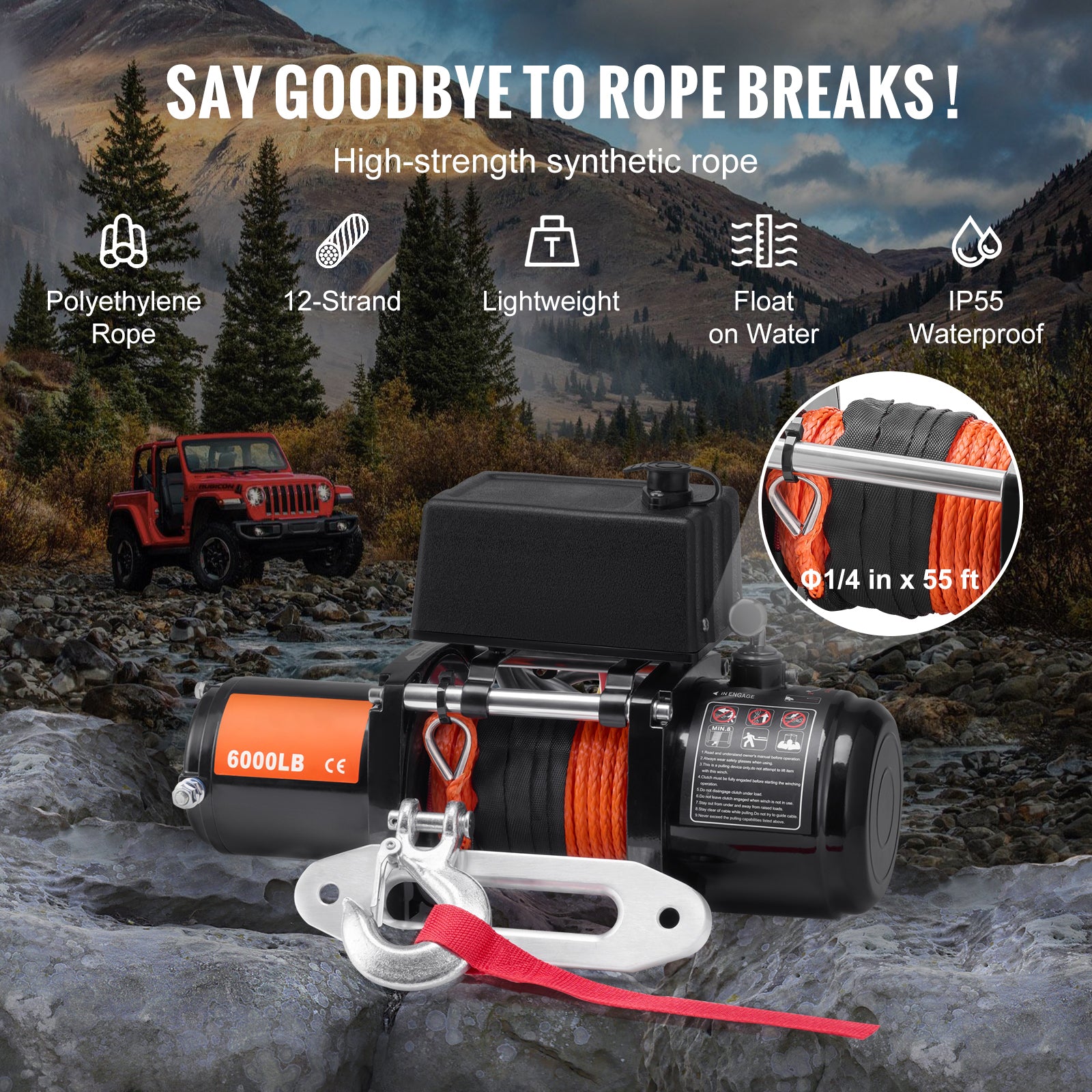 Electric Winch for Truck 6000 lb Synthetic Rope Waterproof Remote Control image 2