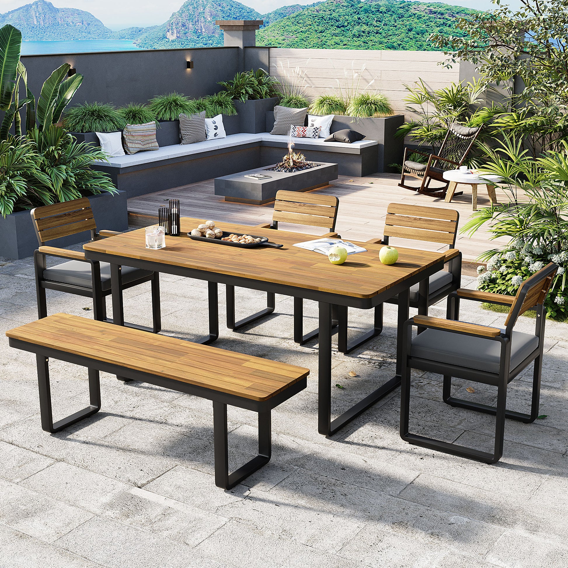 6-Piece Outdoor Dining Set, Acacia Wood, 1 Table with 4 Chairs & 1 Bench for 6-7 Person, Comfortable Cushions on Chairs, Adjustable Feet, for Patio, Garden, Backyard Dining, Gray Cushion image 1