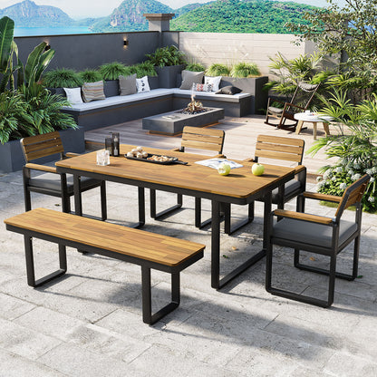 6-Piece Outdoor Dining Set, Acacia Wood, 1 Table with 4 Chairs & 1 Bench for 6-7 Person, Comfortable Cushions on Chairs, Adjustable Feet, for Patio, Garden, Backyard Dining, Gray Cushion image 1