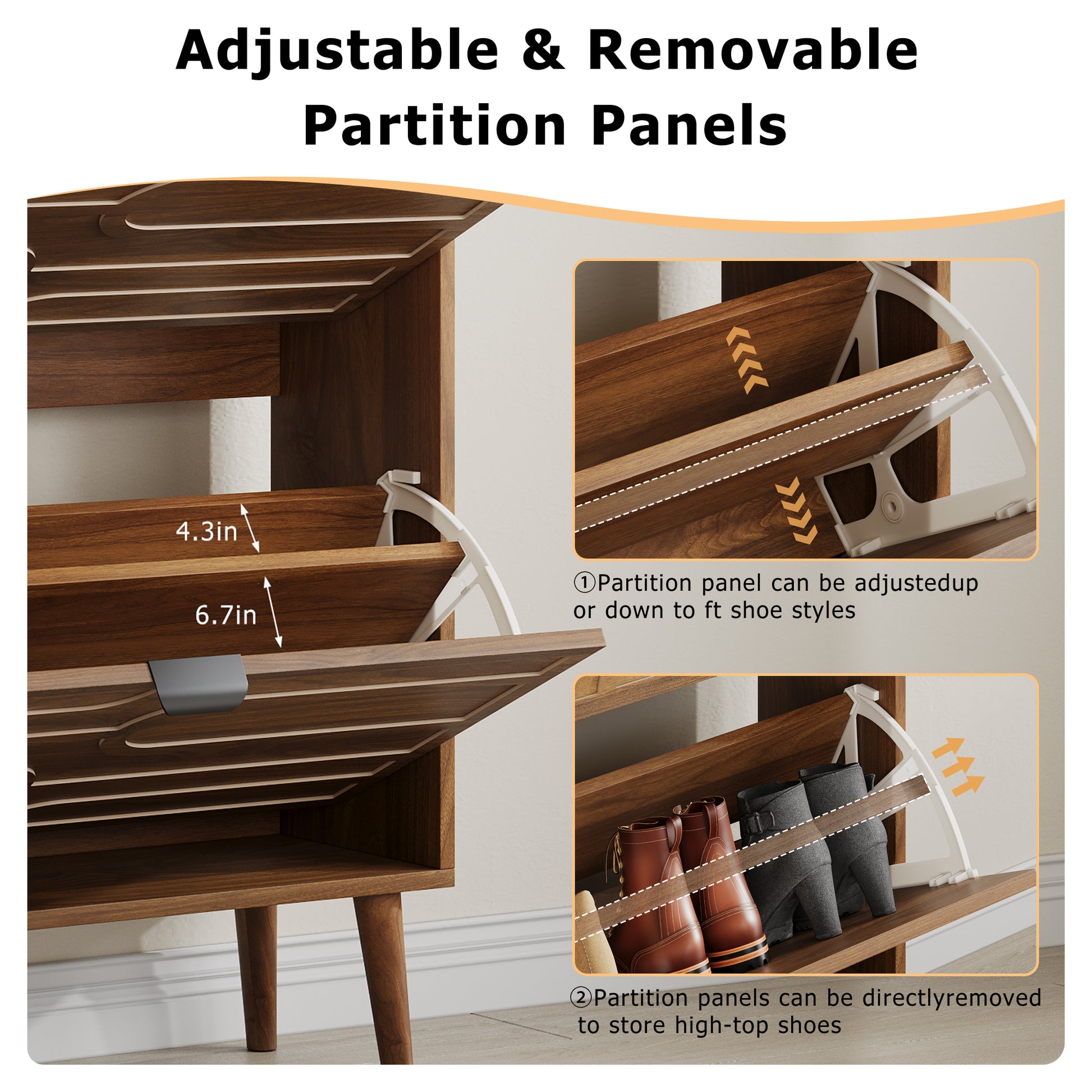 Medieval Modern Independent Shoe Cabinet, 23.62-inch Walnut Shoe Storage Cabinet, Fence Shoe Cabinet with 2 Flip Drawers, Suitable For Corridors And Entrances image 10