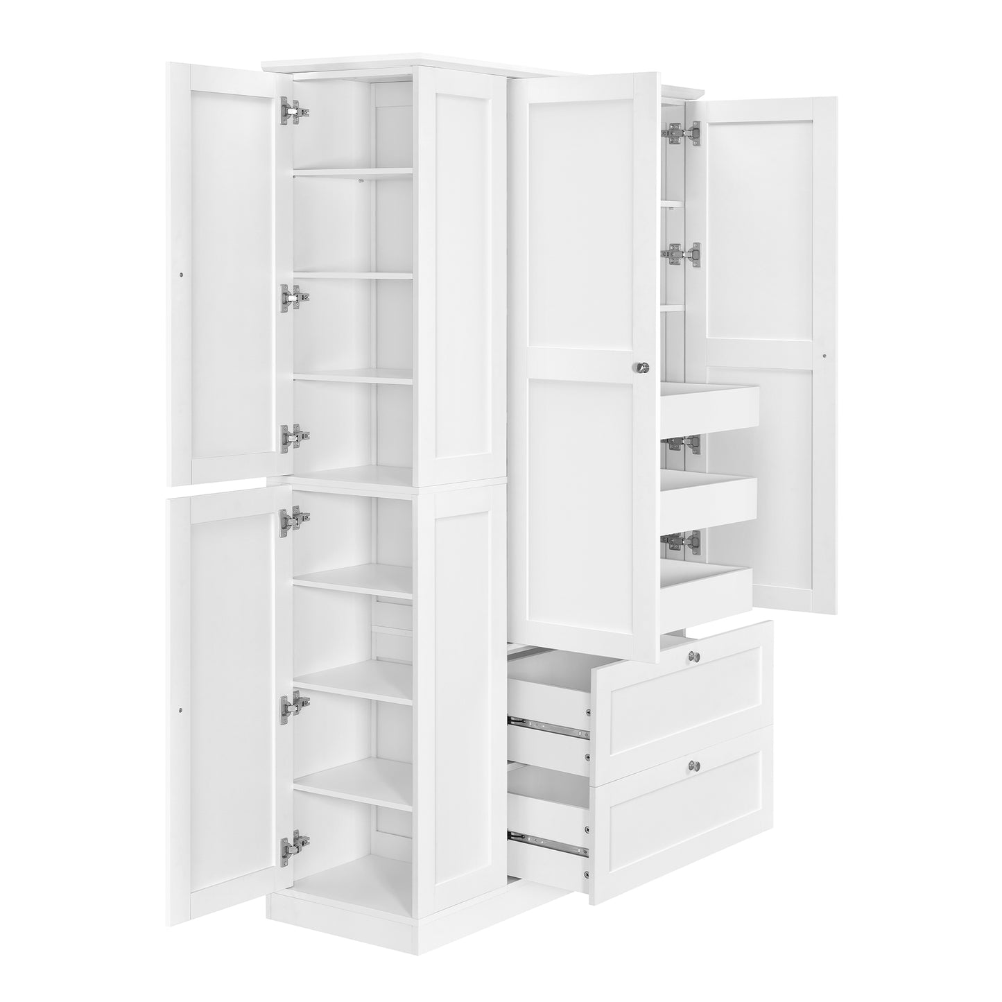 TOPMAX 73.6" Tall Farmhouse Kitchen Pantry Cabinet with 8 Shelves, 2 Drawers, 3 Pull-Out Trays, 4 Doors and Side Cabinets for Kitchen & Dining Room, White image 12