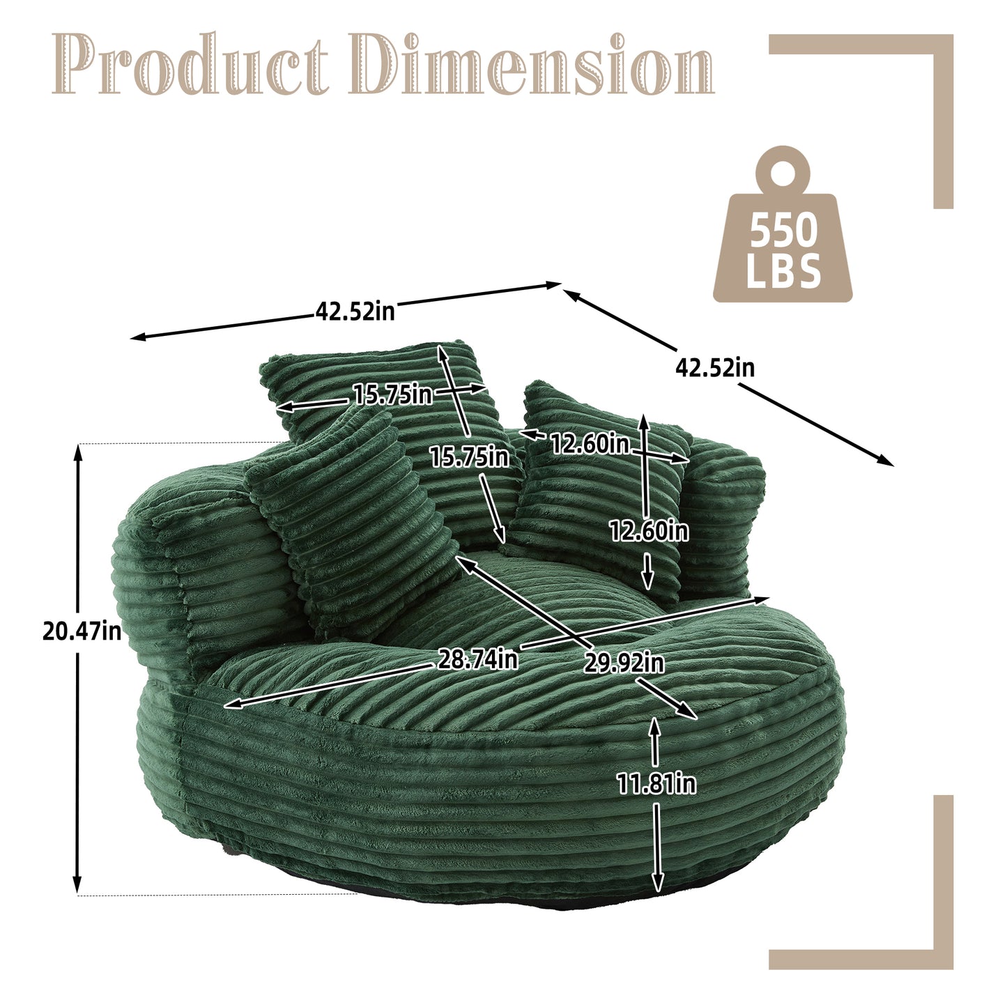 Single Bean Bag Chairs, Bean Bag Sofa for Adults, Kids,Corduroy Bean Bag Chair with 3 Pillows & Armrest,Beanbag Chair & Lazy Sofa with Foam Filler for Bedroom Living Room Dorm image 7