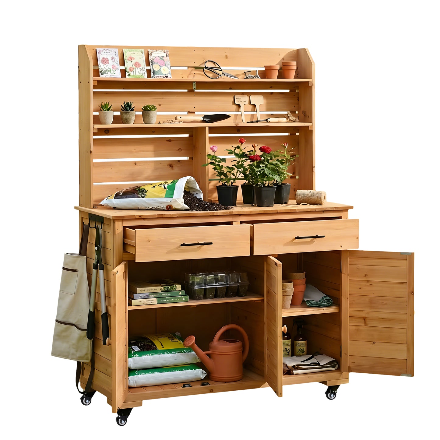 Assembly Video-TOPMAX 65''H Large Garden Potting Bench with Lockable Wheel and Storage Cabinet, Wood Outdoor Kitchen Island Prep Cart with Hutch Top, Drawers and Removal Shelves for Grilling, Natural image 3