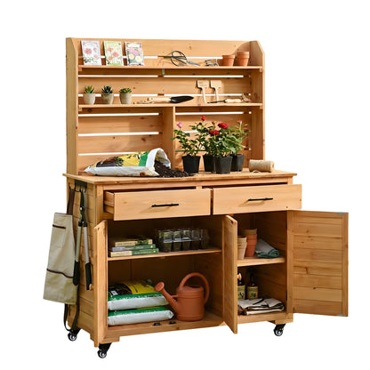 Assembly Video-TOPMAX 65''H Large Garden Potting Bench with Lockable Wheel and Storage Cabinet, Wood Outdoor Kitchen Island Prep Cart with Hutch Top, Drawers and Removal Shelves for Grilling, Natural image 3