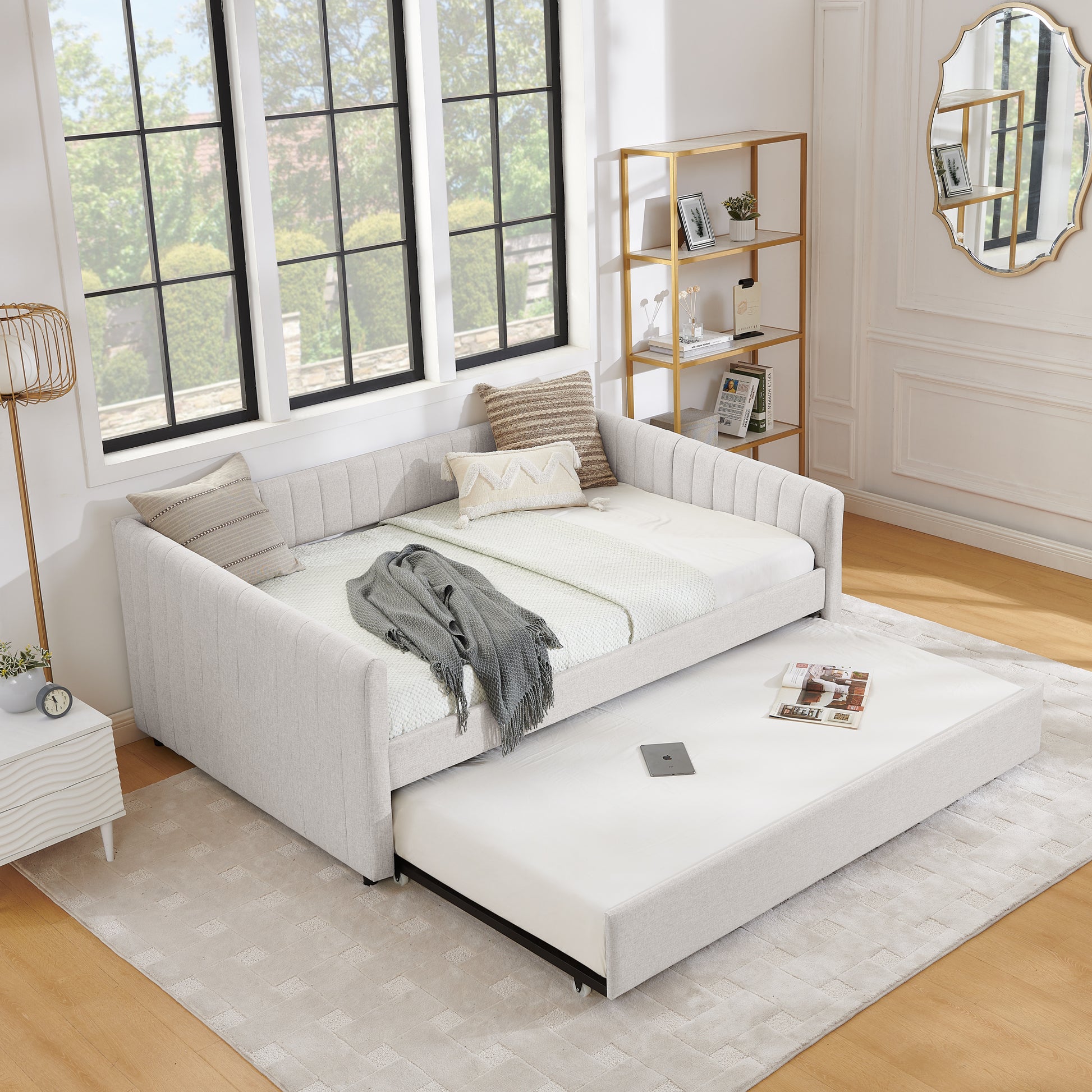 Full Size Daybed with Trundle Upholstered Sofa Bed, with Vertical Stripes, Linen Fabric, Beige (82.5"x58"x30") image 3
