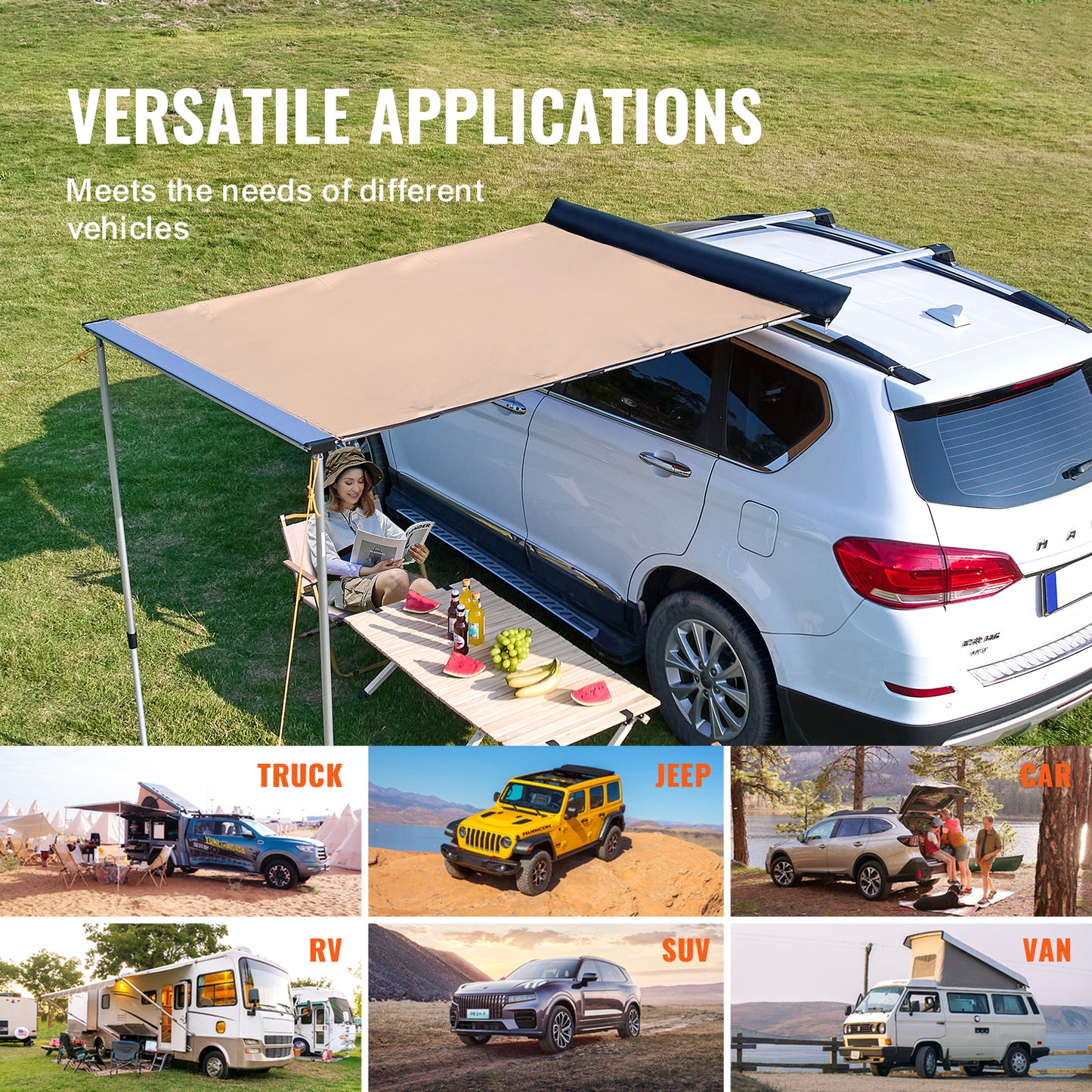 Car Side Awning, Large 4.6'x6.6' Shade Coverage Vehicle Awning, PU3000mm UV50+ Retractable Car Awning with Waterproof Storage Bag, Suitable for Truck, SUV, Van, Campers image 5