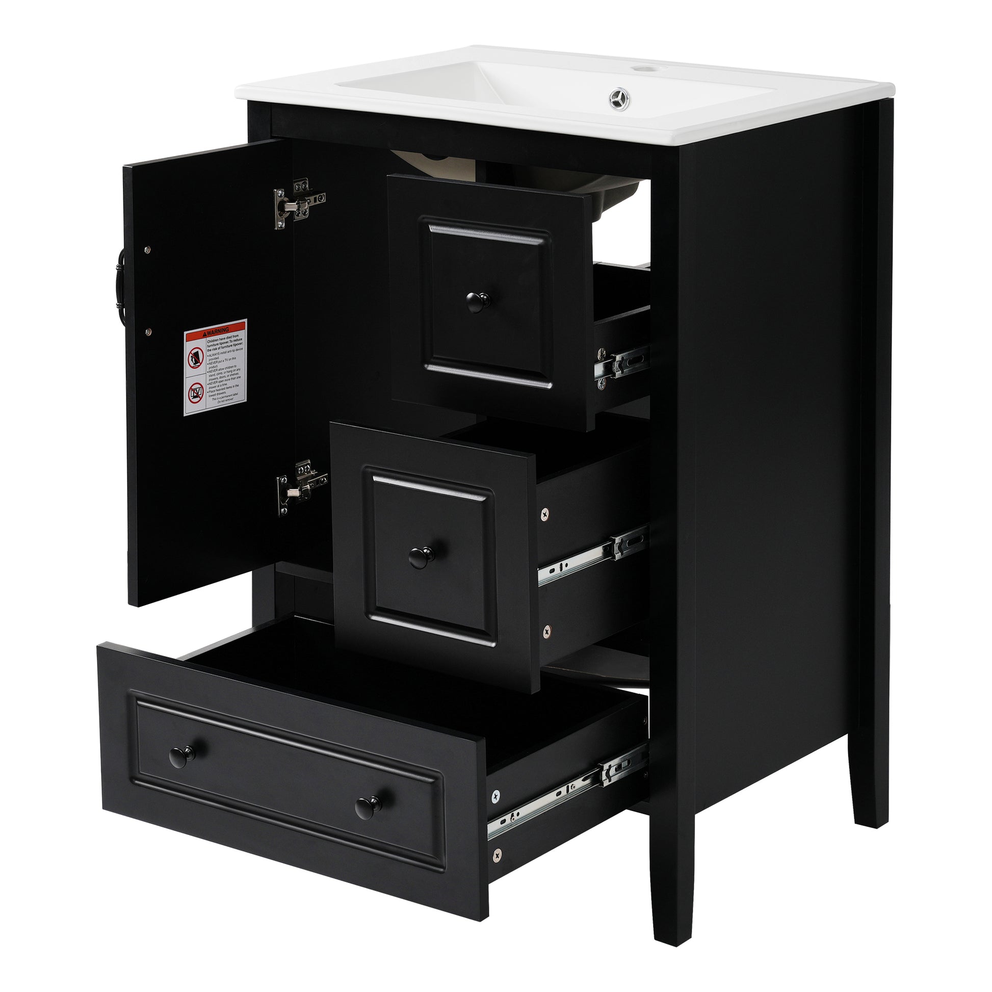 24 inch Bathroom Vanity with Sink, One Cabinet with Soft-closing Door, 3 Soft-closing Drawers, Retro Metal Handles, Black image 12