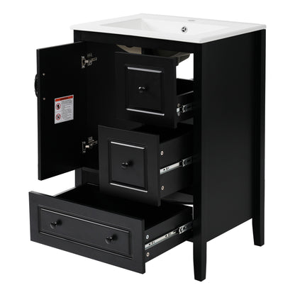 24 inch Bathroom Vanity with Sink, One Cabinet with Soft-closing Door, 3 Soft-closing Drawers, Retro Metal Handles, Black image 12