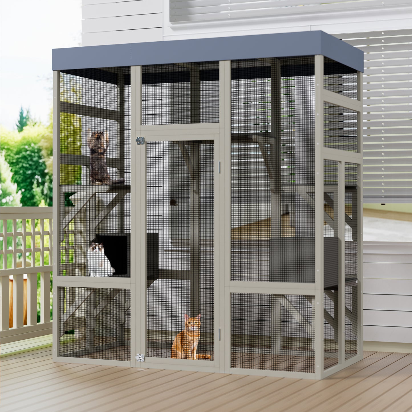 62.6" Wooden Catio for Cats, Large Cat Enclosure with Waterproof cover, 2 Napping House, Platforms & Galvanized Metal Wire – Secure Pet Cage Shelter image 5