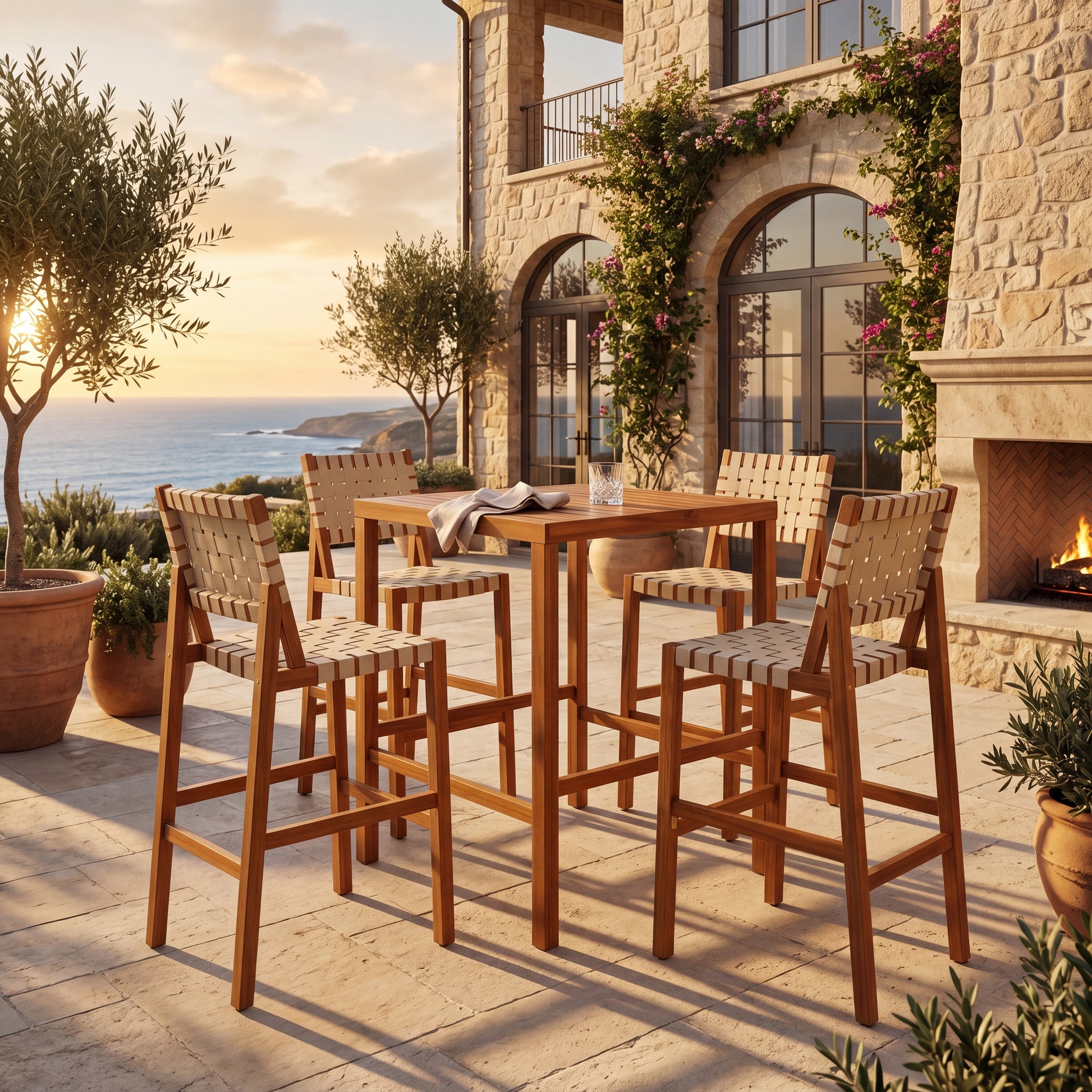 30.5 Inch Seat Height Outdoor Acacia Solid Wood Patio Furniture Set, Beige Pe Woven Rope, Breathable and Comfortable,Indoor & Outdoor Use,Teak Finish+Beige Rope(set of 5) image 1