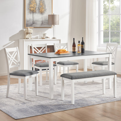 6 Piece Kitchen Dining Set, Rectangular Wooden Dining Table with 4 Upholstered Chairs and a Bench, Dining Table Set for 6 People, Living Room and Kitchen, Grey & White two tone image 1