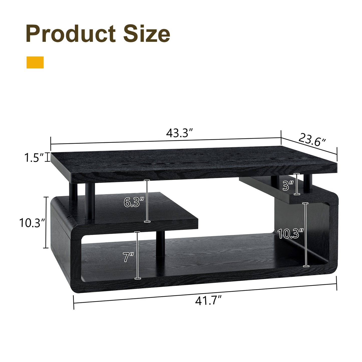 Three-Tier MDF Coffee Table with Black Wood Grain Finish, Modern Multi-Layer Storage Coffee Table Sturdy Frame for Living Room Office image 7