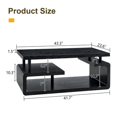 Three-Tier MDF Coffee Table with Black Wood Grain Finish, Modern Multi-Layer Storage Coffee Table Sturdy Frame for Living Room Office image 7