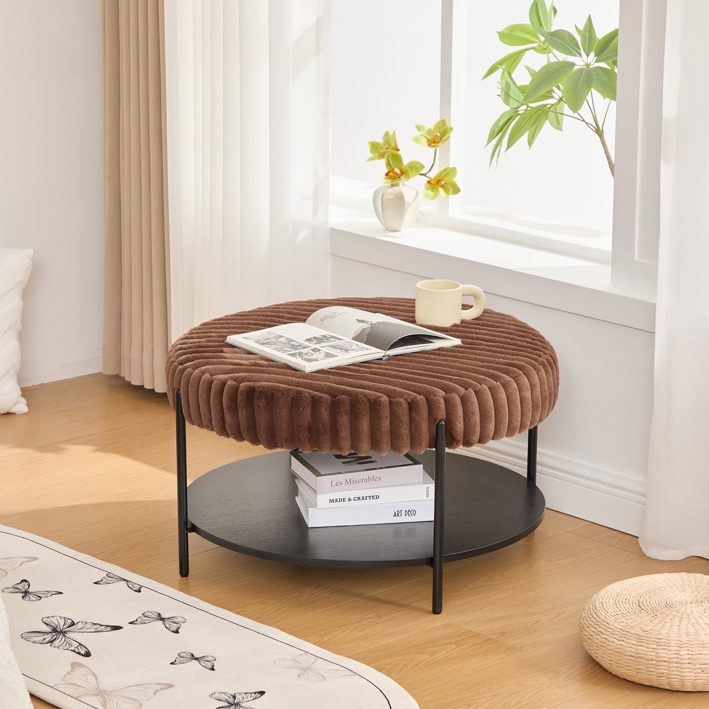 30.9"Wide Upholstered Round Ottoman Coffee Table Foot Rest with Black Metal Legs, Footstool with Wooden Open Storage Shelf,Faux Fur Footstool for Living Room Bedroom Entryway Hotel. Brown image 1