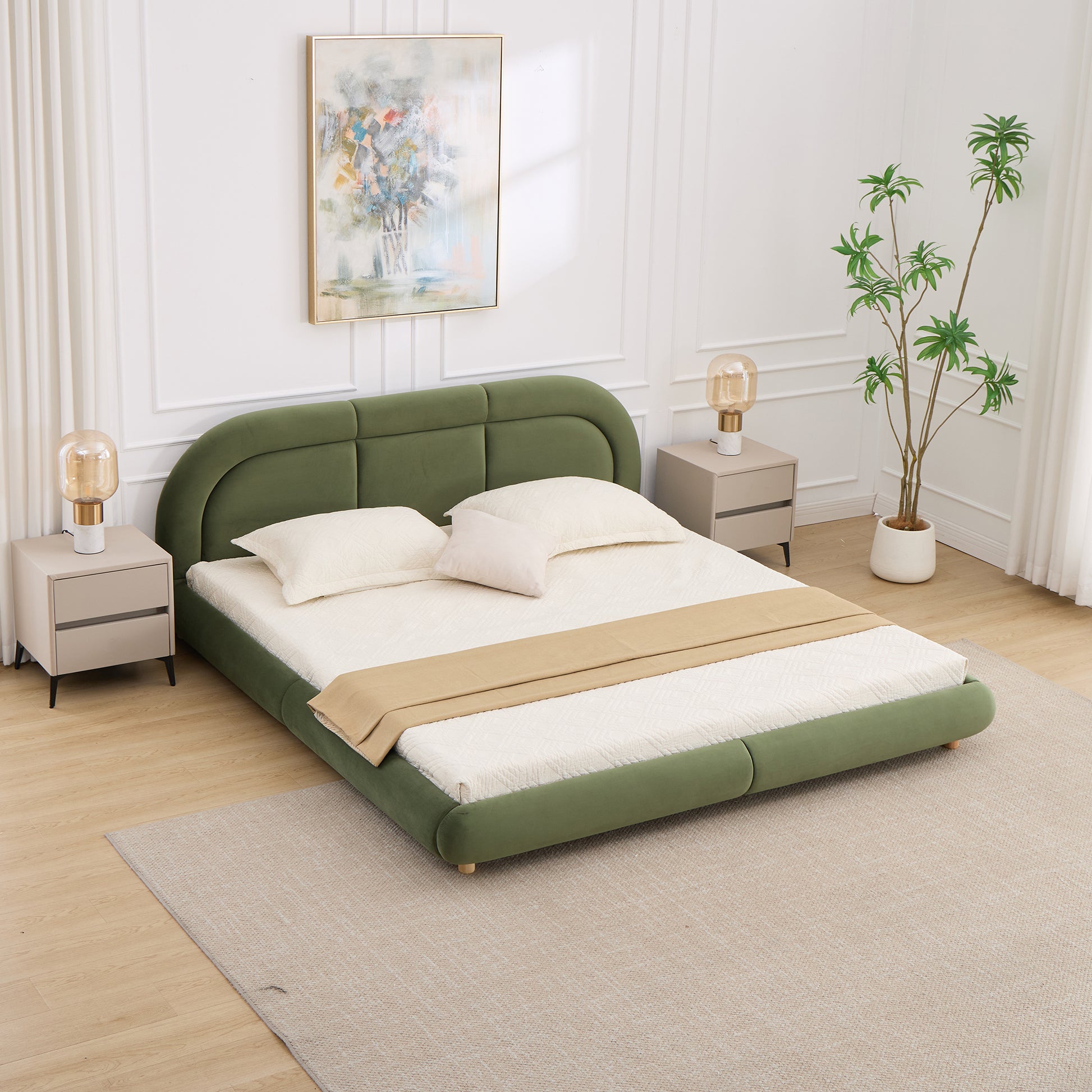 King Size,Modern Curved Upholstered Low Profile Platform Bed with Rounded Headboard(Velvet,Green) image 3