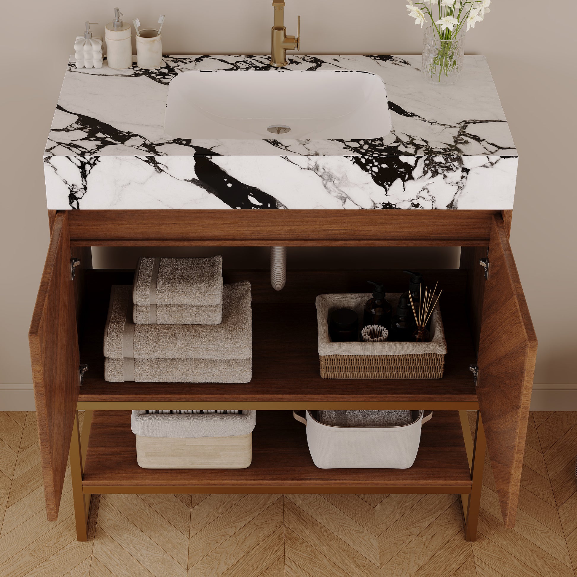 29.9" Modern Free-standing Bathroom Vanity with Ceramic Sink – Brown Oak, Soft-Close image 4