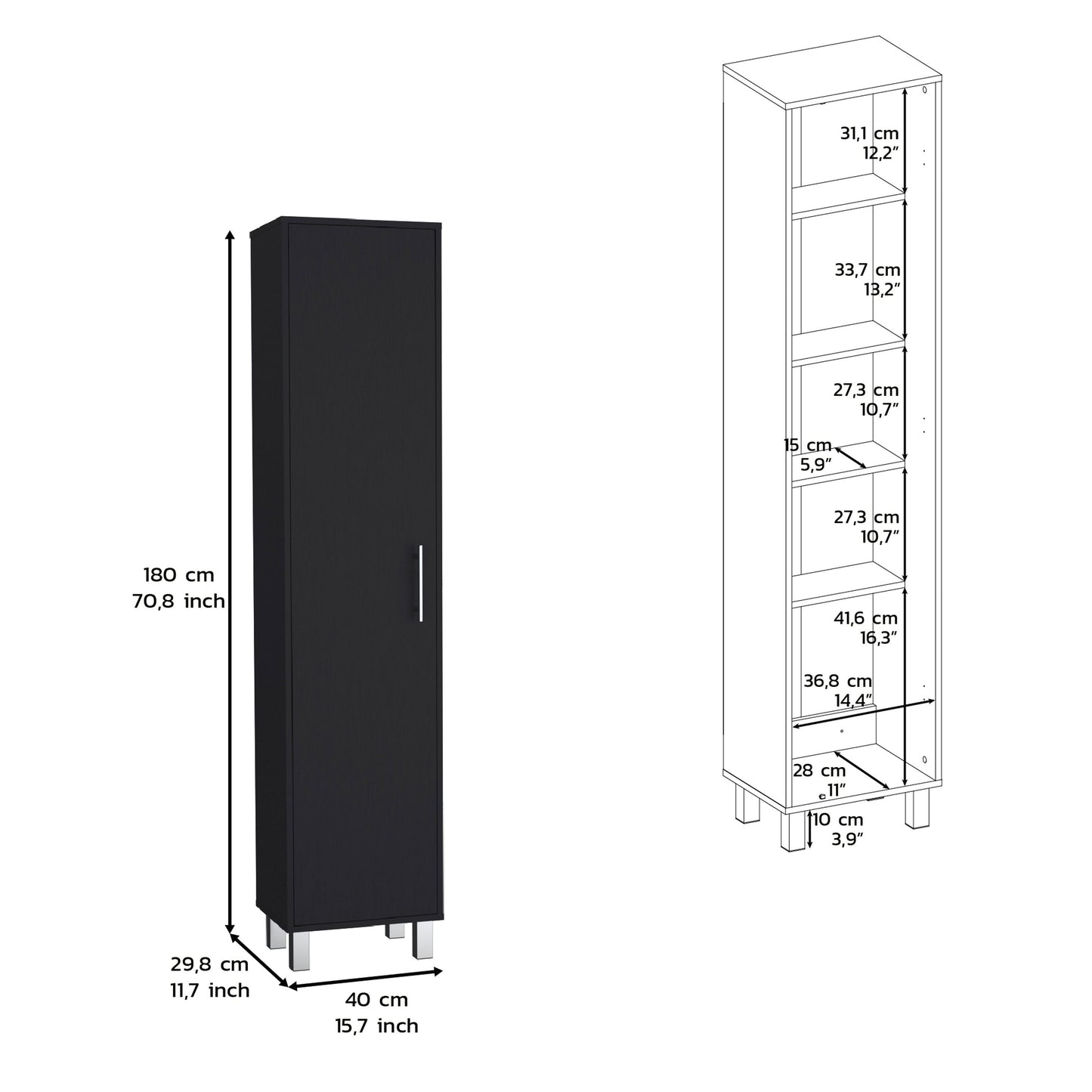 Storage Cabinet 71"H with 5-Tier Shelf, 3 Broom Hangers and Metal hardware, Black image 3