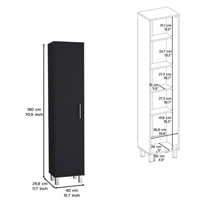 Storage Cabinet 71"H with 5-Tier Shelf, 3 Broom Hangers and Metal hardware, Black image 3