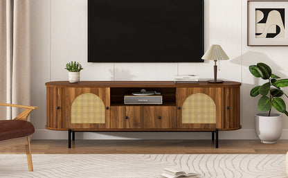 U-Can American Style TV Stand with Rattan Arched Doors, Drawers, Hidden Storage, Steel Legs, Rounded Corners image 4