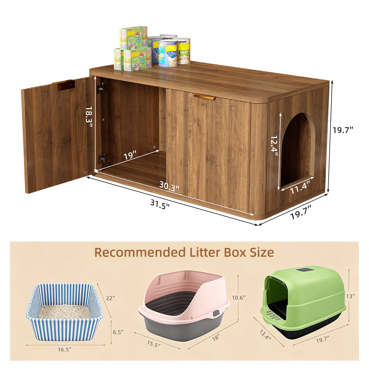 31.5" Walnut Cat Litter Box Enclosure Furniture, Large Decorative Hidden Litter Box Cabinet, Fluted Mid Century Modern Kitty End Table for Living Rooms, Bedrooms, Entryways (WALNUT) image 2