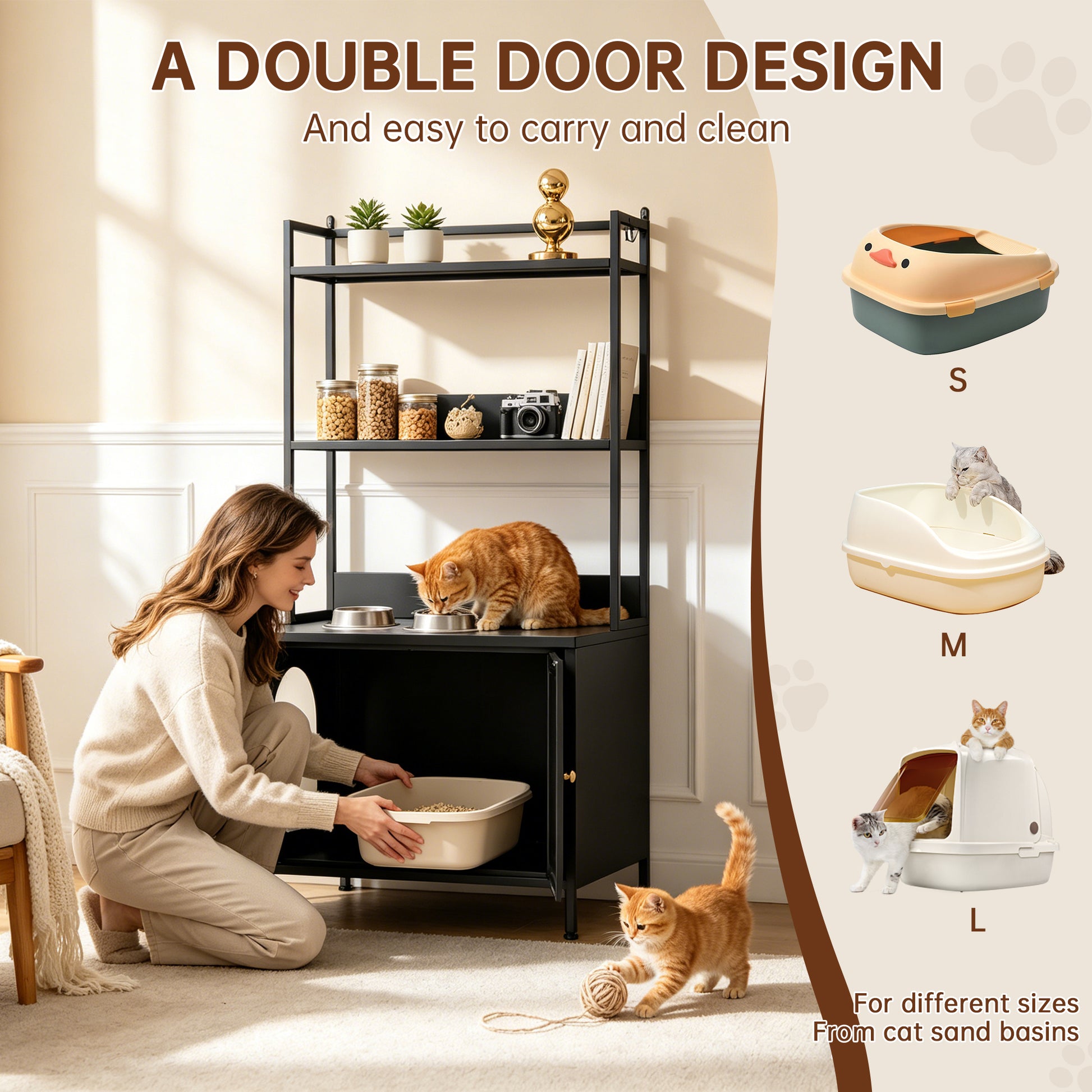 Metal Cat Litter Box Enclosure, 57" Tall Hidden Litter Box Cabinet with 3 Tier Storage Shelves, Large Indoor Cat House with Doors & 4 S-Hooks, Odor Control Pet Washroom Furniture for Large Cats, Black image 3