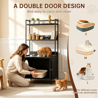 Metal Cat Litter Box Enclosure, 57" Tall Hidden Litter Box Cabinet with 3 Tier Storage Shelves, Large Indoor Cat House with Doors & 4 S-Hooks, Odor Control Pet Washroom Furniture for Large Cats, Black image 3