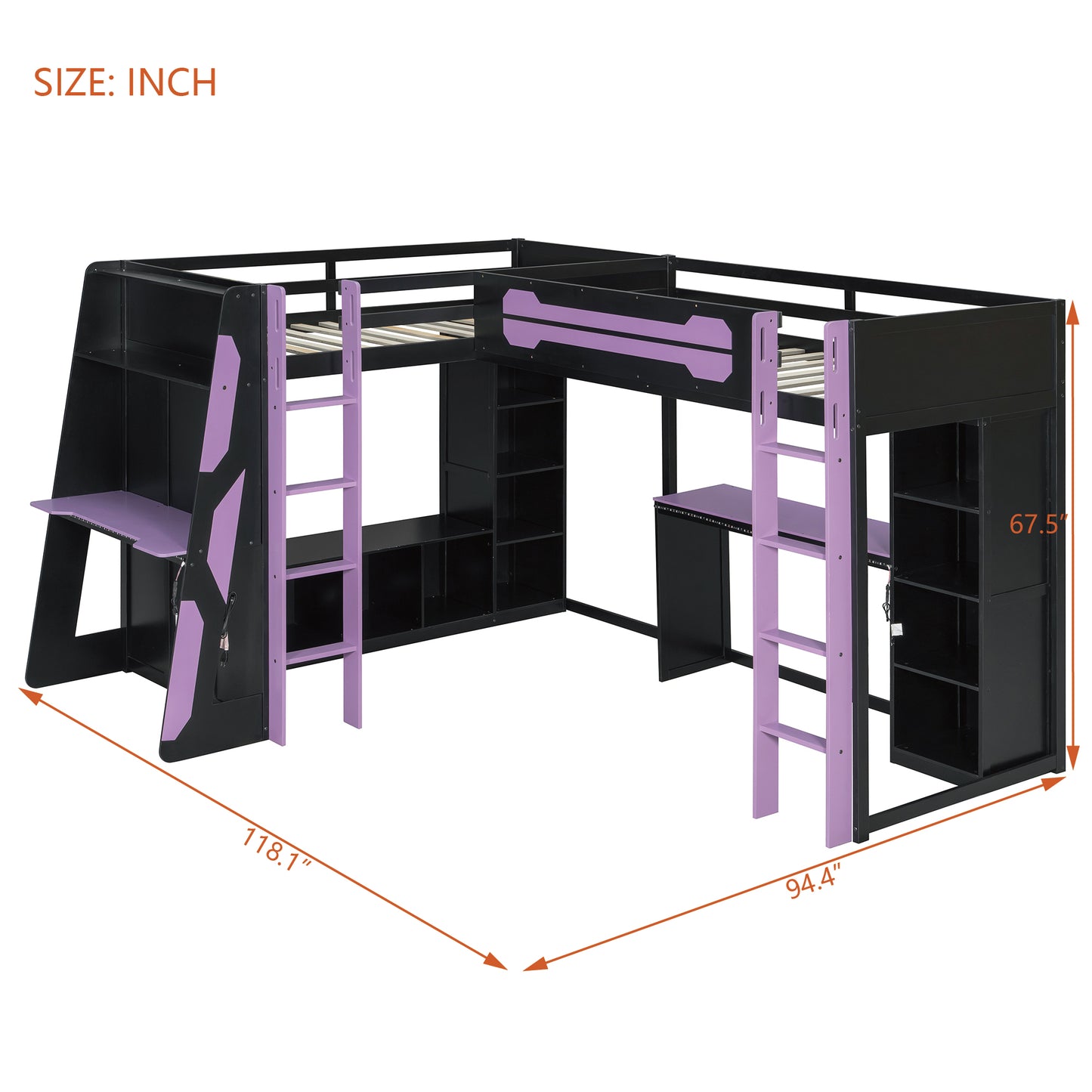 L-Shaped Wooden twin Size Gaming Bed Frame with RGB LED Lights, Dual twin Beds, USB Ports, TV Stand & Storage Shelves, Reversible Layout, Space-Saving Wood Loft Bed for Teens & Adults-Purple image 8