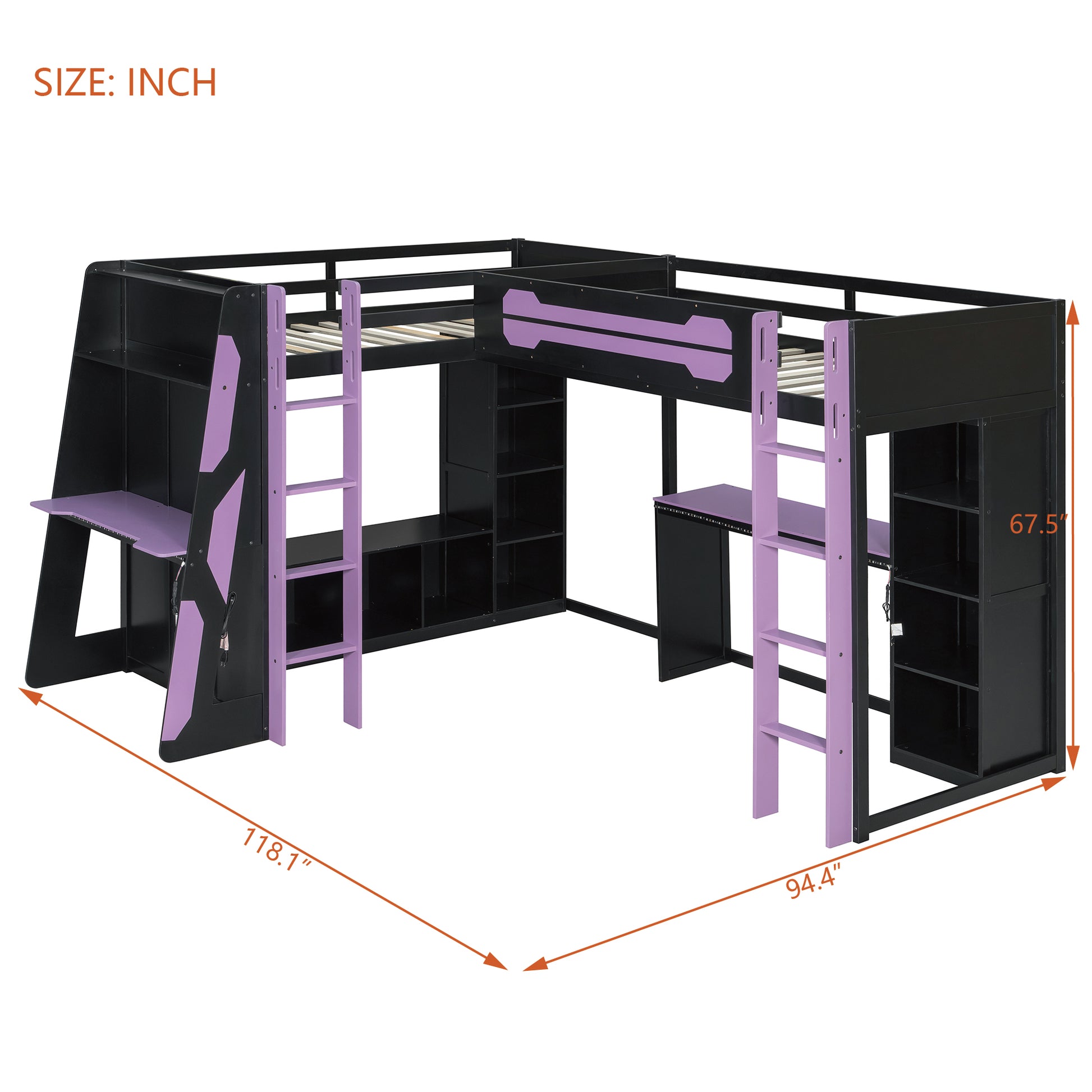 L-Shaped Wooden twin Size Gaming Bed Frame with RGB LED Lights, Dual twin Beds, USB Ports, TV Stand & Storage Shelves, Reversible Layout, Space-Saving Wood Loft Bed for Teens & Adults-Purple image 8