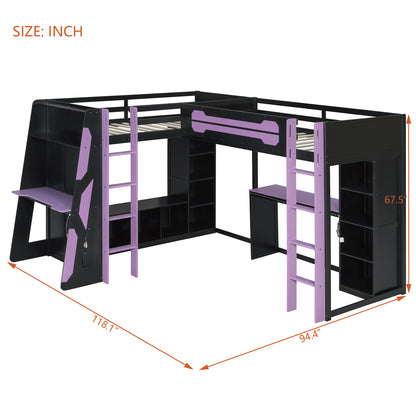 L-Shaped Wooden twin Size Gaming Bed Frame with RGB LED Lights, Dual twin Beds, USB Ports, TV Stand & Storage Shelves, Reversible Layout, Space-Saving Wood Loft Bed for Teens & Adults-Purple image 8