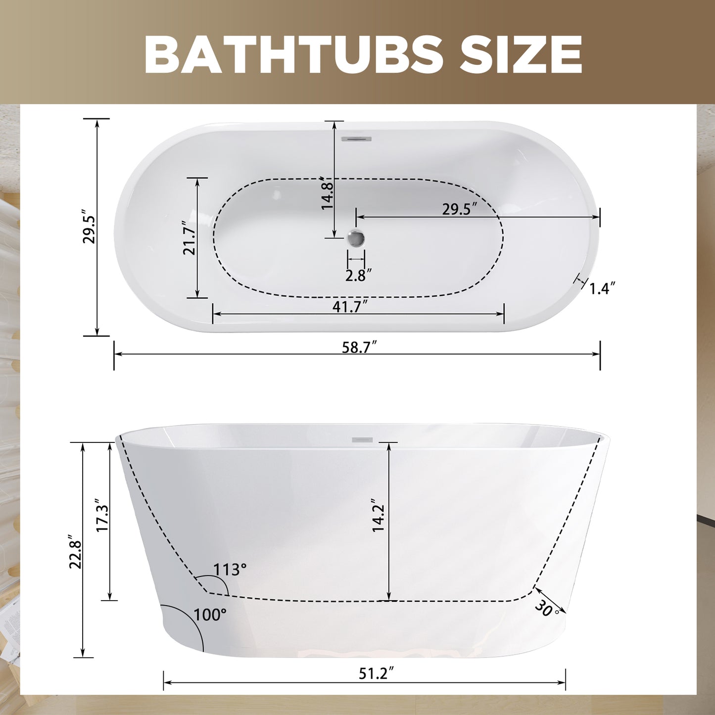 59" Acrylic Freestanding Bathtub, Stand Alone Soaking Tub, Glossy White Acrylic, Toe-tap Chrome Drain, cUPC Certified image 8