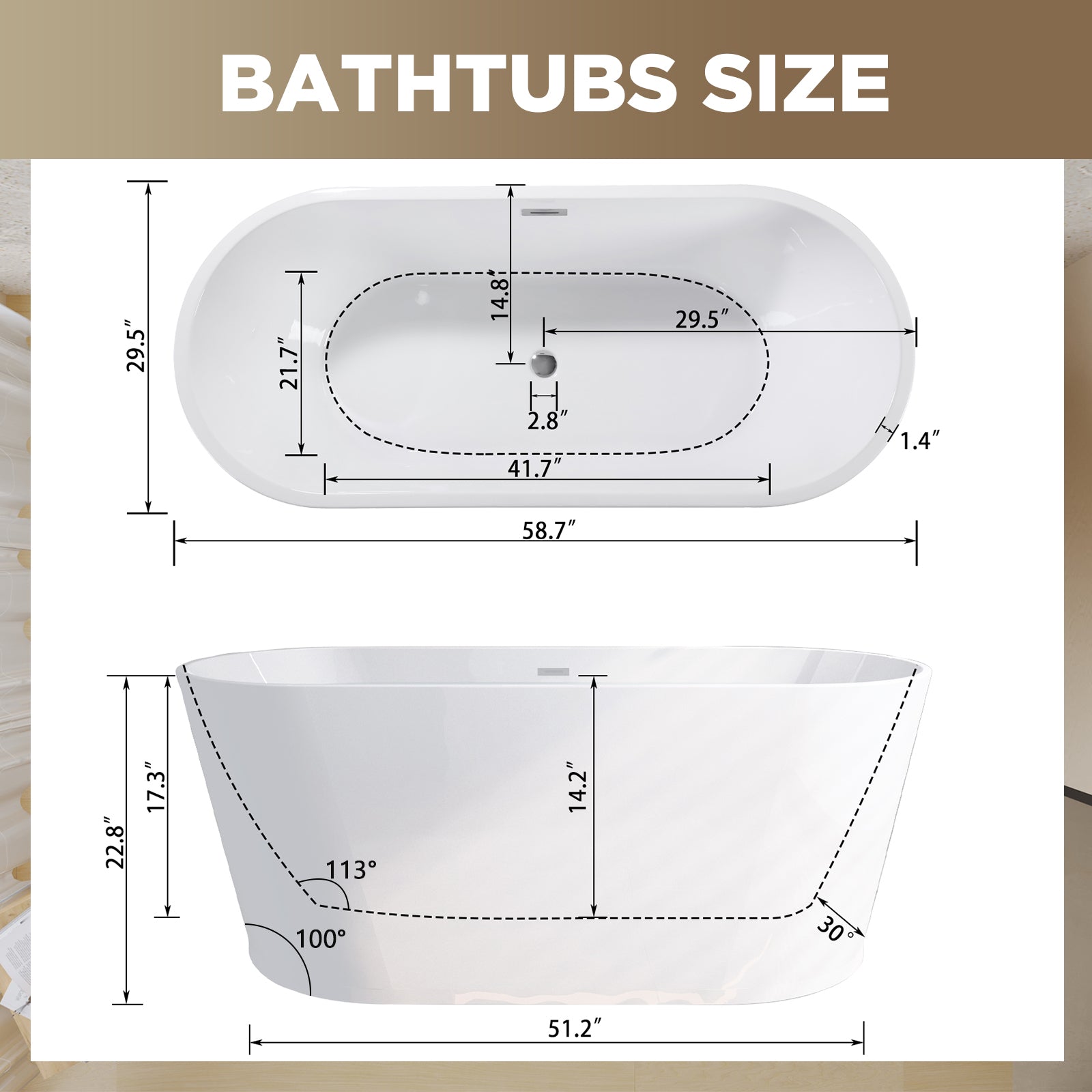 59" Acrylic Freestanding Bathtub, Stand Alone Soaking Tub, Glossy White Acrylic, Toe-tap Chrome Drain, cUPC Certified image 8