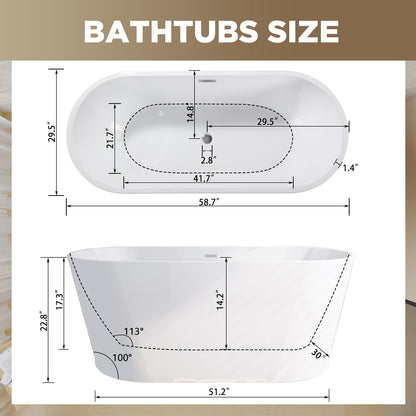 59" Acrylic Freestanding Bathtub, Stand Alone Soaking Tub, Glossy White Acrylic, Toe-tap Chrome Drain, cUPC Certified image 8