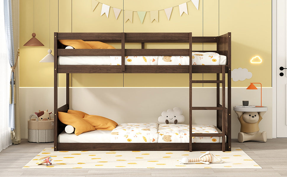 Twin over Twin Floor Bunk Bed with Panelled Headboard and Footboard, Solid Rubber Wood Foundation with Safety Guardrails, Built-in ladder,Antique Oak(Old Sku W504P263818) image 12