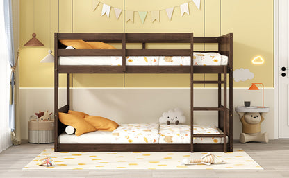 Twin over Twin Floor Bunk Bed with Panelled Headboard and Footboard, Solid Rubber Wood Foundation with Safety Guardrails, Built-in ladder,Antique Oak(Old Sku W504P263818) image 12