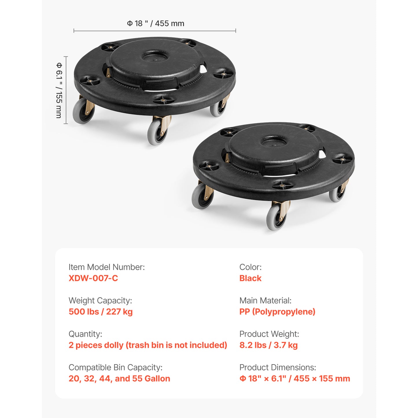 2 Packs Round Trash Can Dolly Fit 20, 32, 44, 55 Gal Garbage Container 500lbs image 8