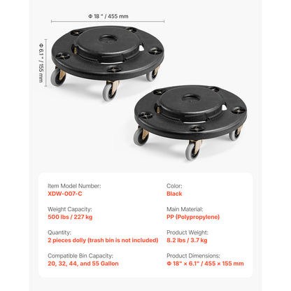 2 Packs Round Trash Can Dolly Fit 20, 32, 44, 55 Gal Garbage Container 500lbs image 8