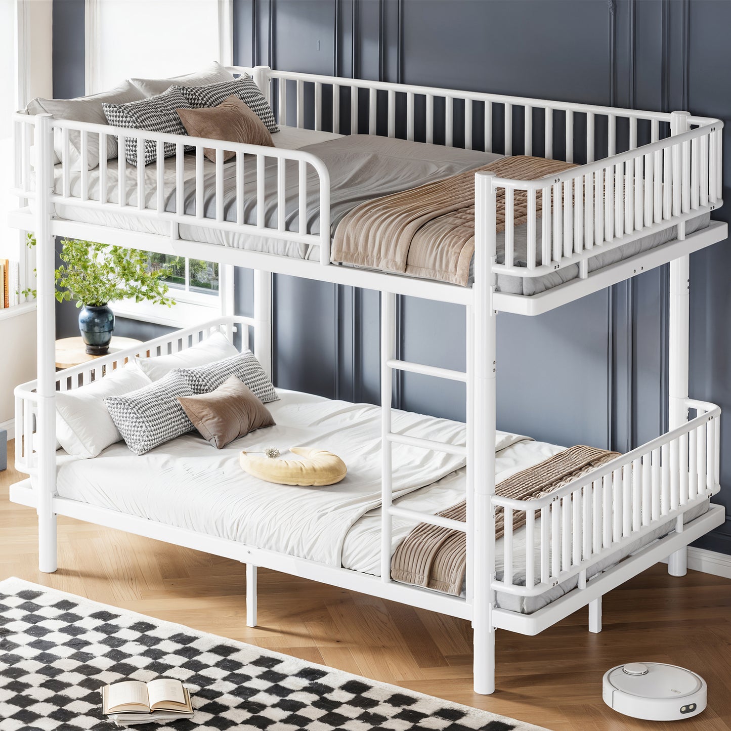 Queen over Queen Bunk Bed with Ladders & Guardrails, Metal Bunk Bed Frame with Upgraded Safety Round-Pipe Design, Can Transformed into 2 Platform Bed, White image 3