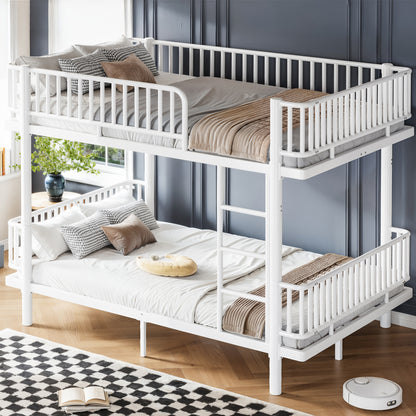 Queen over Queen Bunk Bed with Ladders & Guardrails, Metal Bunk Bed Frame with Upgraded Safety Round-Pipe Design, Can Transformed into 2 Platform Bed, White image 3