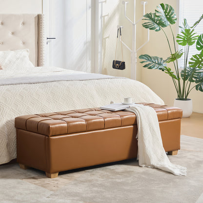 60.2'' Wide Upholstered PU Storage End of Bed Bench, Tufted Flip-Top Accent Window Bench Footrest Stool Ottoman with Legs for Living Room, Bedroom, Entryway, Dining Room, Dorm, Corner, Burnt Brown image 1