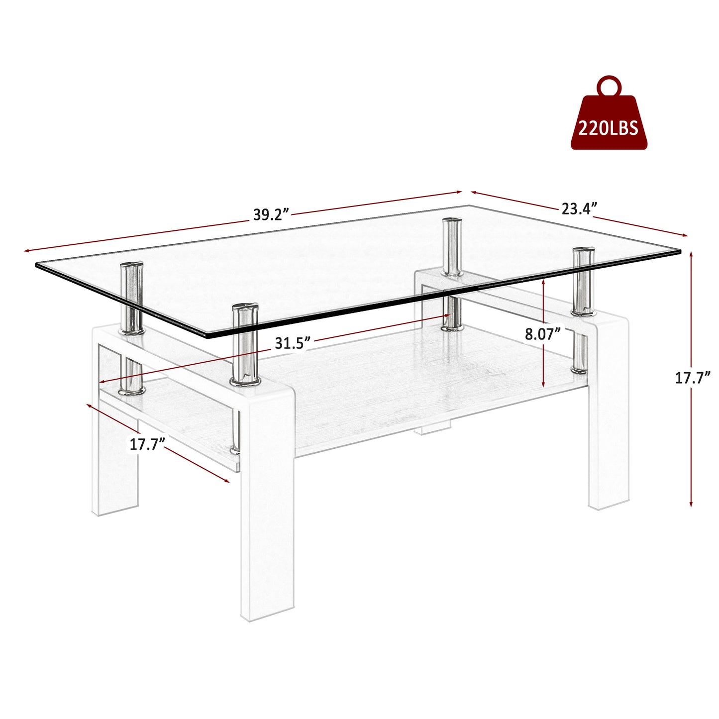 Rectangle Coffee Table, Tempered Glass Tabletop with MDF Layer, Modern Table for Living Room, Gray Glass image 9