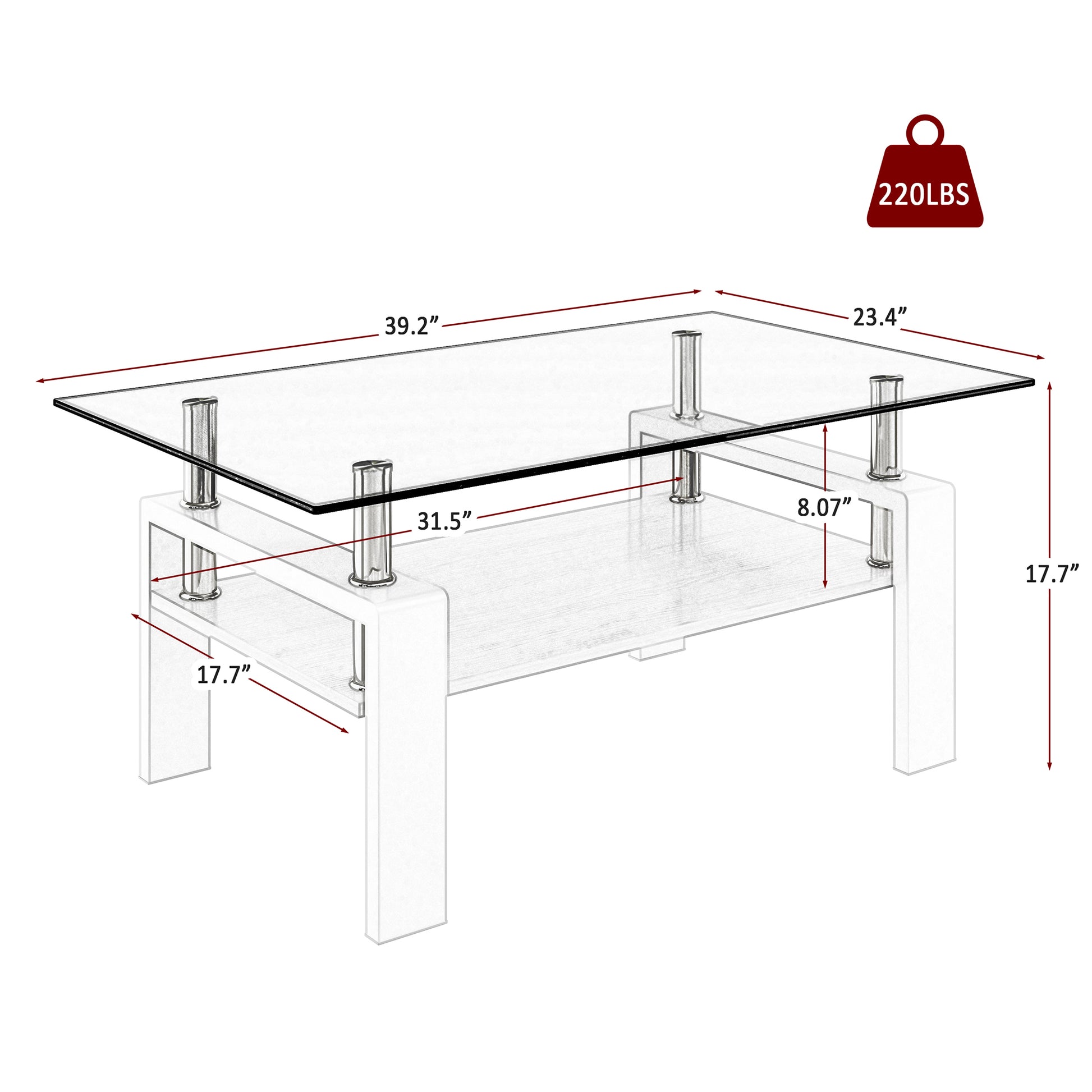 Rectangle Coffee Table, Tempered Glass Tabletop with MDF Layer, Modern Table for Living Room, Gray Glass image 9