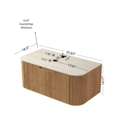 DINA 36'' Wall Mounted Plywood Cabinet with 1 Drawer, Roman travertine Sintered Stone Countertop, NO Basin, NO Faucet and Drain, Natural Woodgrain Color image 5