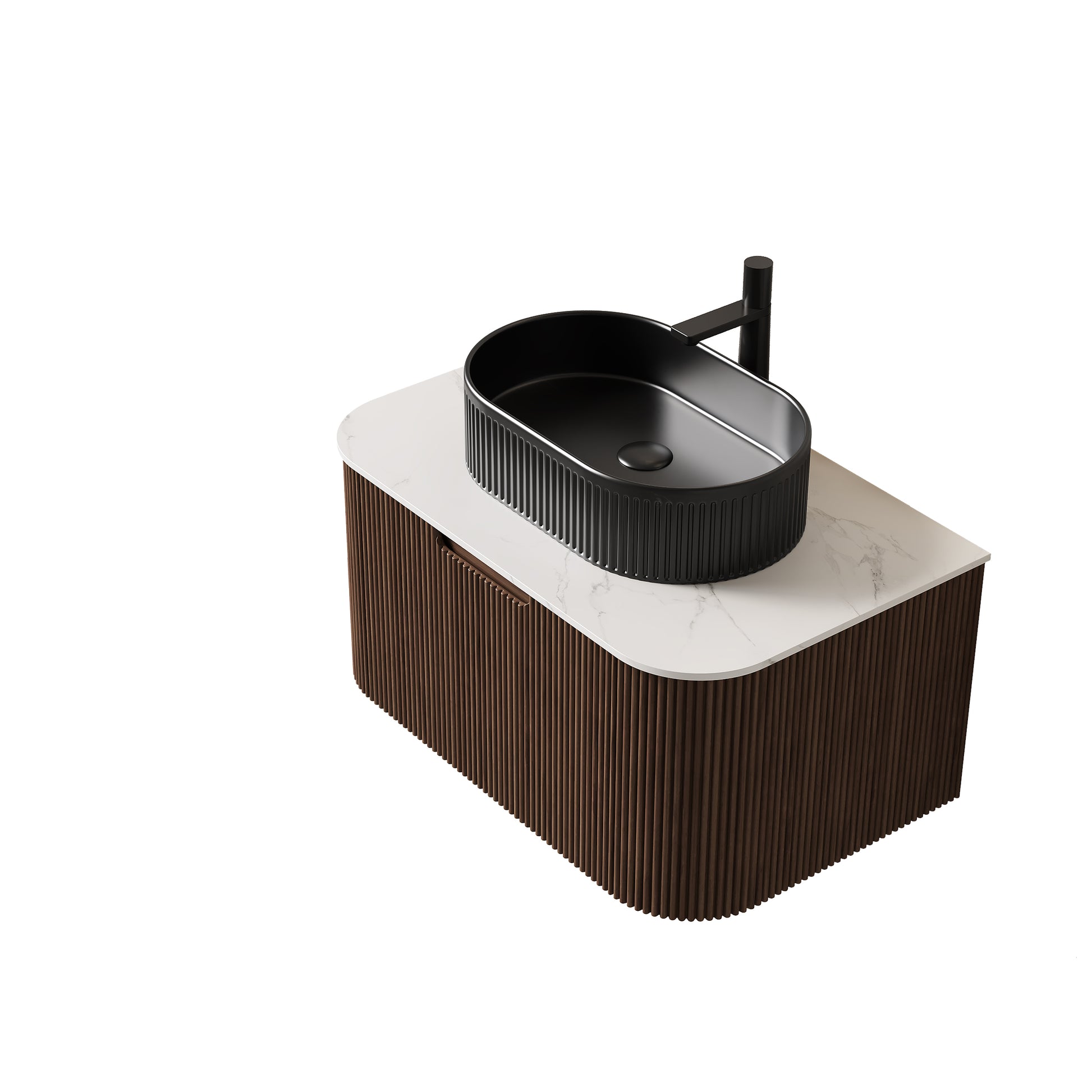 DINA 30" Bathroom Vanity with Sink, Modern Wall-Mounted Curved Edges Striped Bathroom Storage Cabinet with a Drawer, Black Ceramic Vessel Basin, NO Faucet, Pre-assembled, Dark Walnut Woodgrain Color image 4