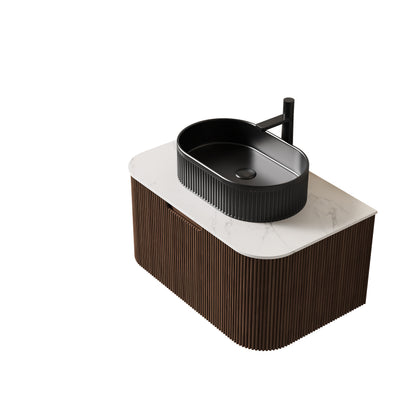 DINA 30" Bathroom Vanity with Sink, Modern Wall-Mounted Curved Edges Striped Bathroom Storage Cabinet with a Drawer, Black Ceramic Vessel Basin, NO Faucet, Pre-assembled, Dark Walnut Woodgrain Color image 4