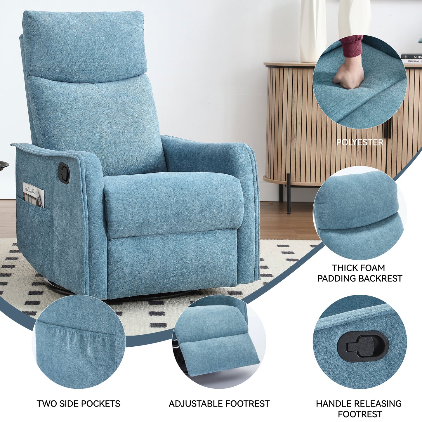 Heat Massage Manual Recliner Chair with Rocker and Swivel in Fabric for Living Room, Blue image 10