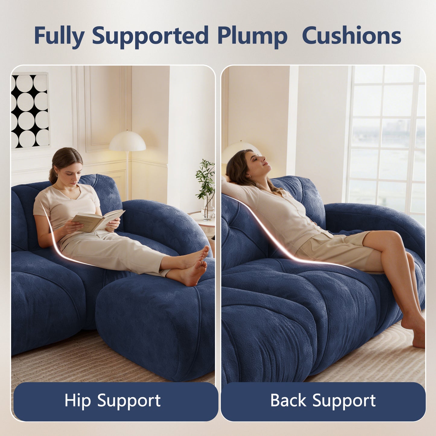 2-seater Tufted Sofa Couches With boneless Sofa,Soft Velvet Fabric,Bottom Anti-Slip Design,32D High Density Sponge,Ergonomic Design Bottom,No Assembly Required,Fits Living Rooms,Blue image 5