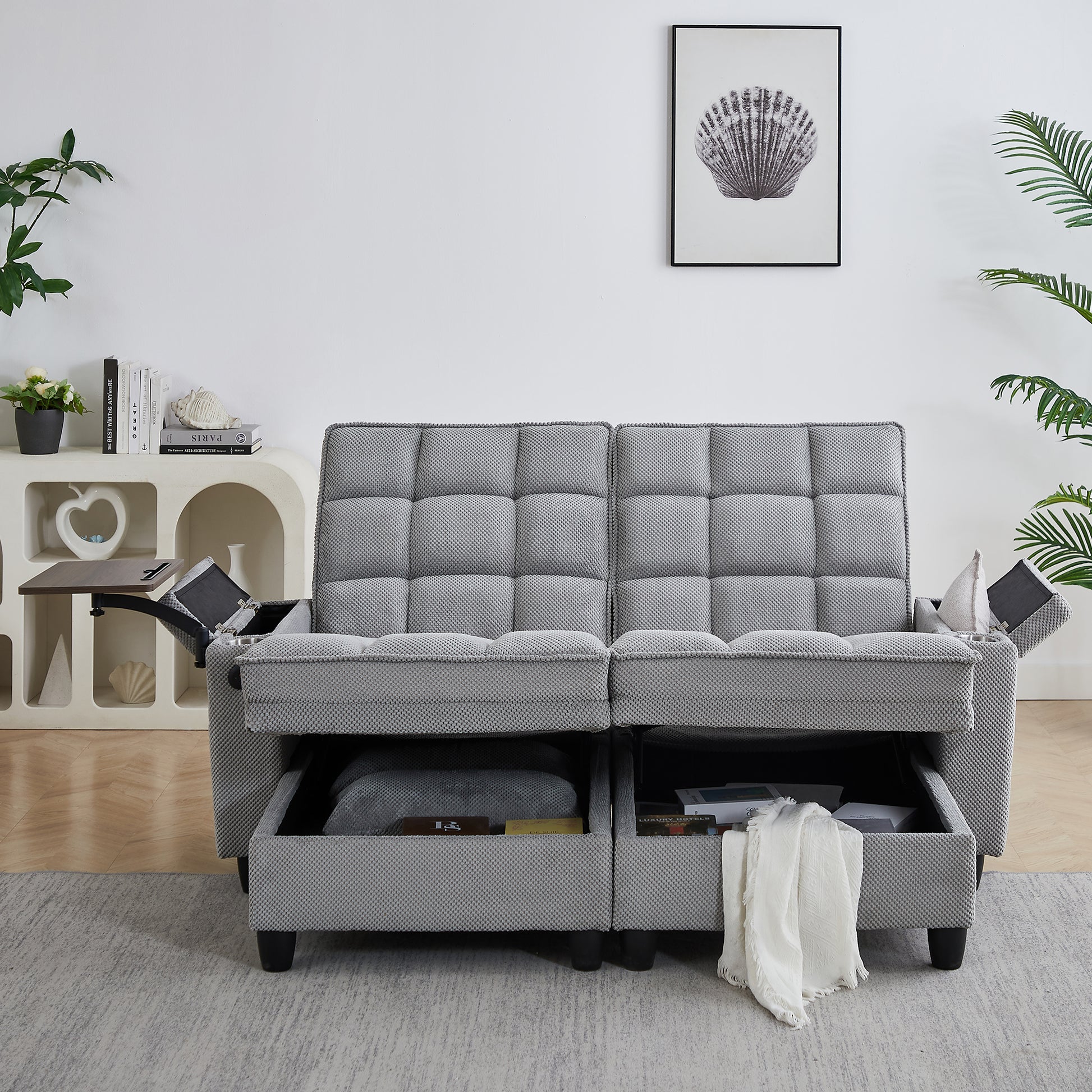 Light Grey Sofa,Sleeper Sofa Bed with 6-Position Adjustable Backrest,USB Ports, Cup Holder and Swivel Side Table image 2
